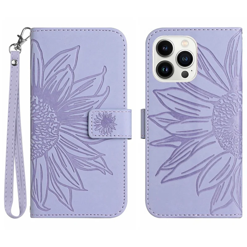 HT04 For iPhone 16 Pro Case Sunflower Imprint Leather Flip Phone Cover with Hand Strap - Light Purple