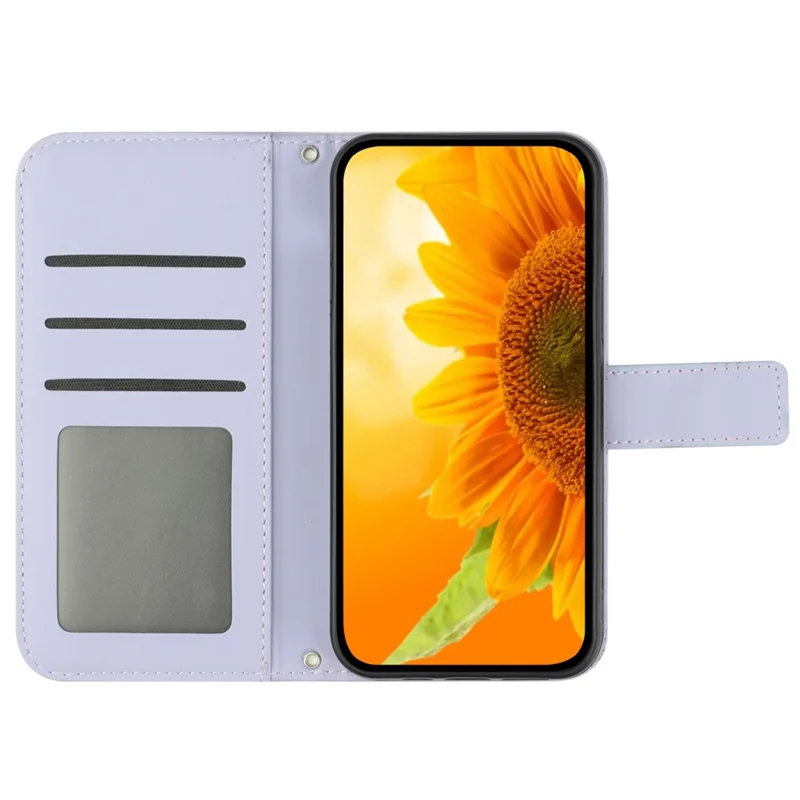 HT04 For iPhone 16 Pro Case Sunflower Imprint Leather Flip Phone Cover with Hand Strap - Light Purple