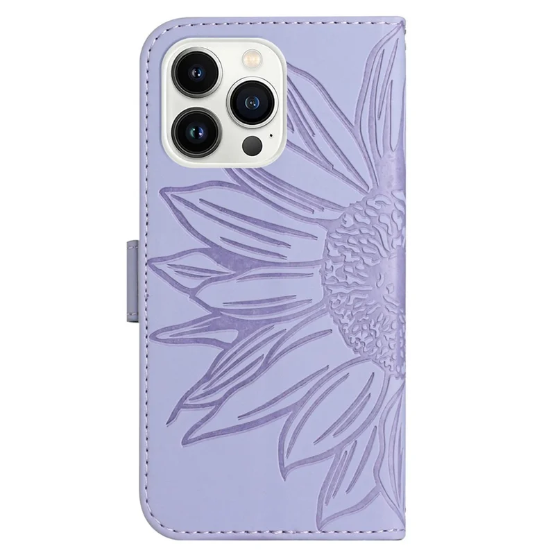 HT04 For iPhone 16 Pro Case Sunflower Imprint Leather Flip Phone Cover with Hand Strap - Light Purple
