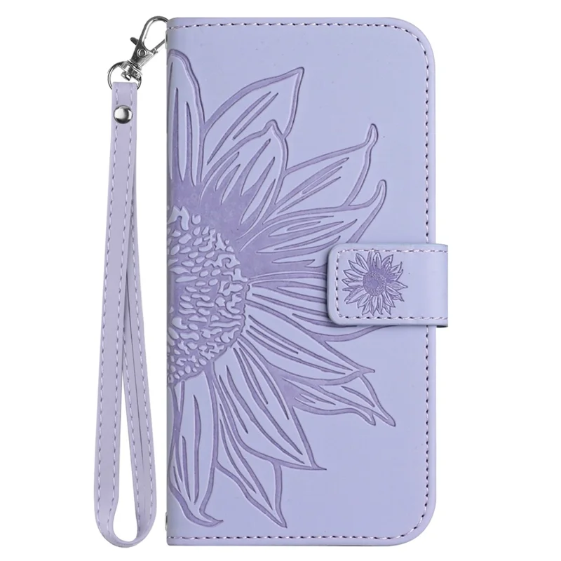 HT04 For iPhone 16 Pro Case Sunflower Imprint Leather Flip Phone Cover with Hand Strap - Light Purple