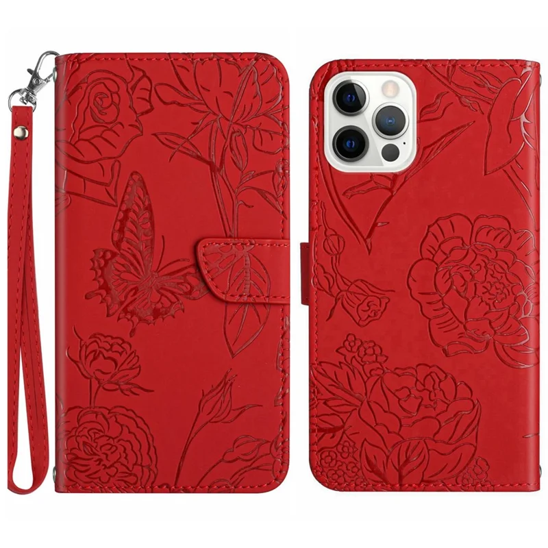 HT03 For iPhone 16 Pro Case Butterfly Flower Imprinted PU Leather Phone Cover - Red