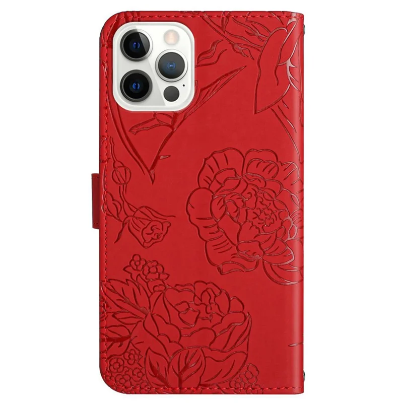 HT03 For iPhone 16 Pro Case Butterfly Flower Imprinted PU Leather Phone Cover - Red