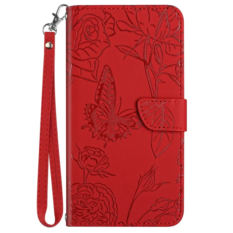 HT03 For iPhone 16 Pro Case Butterfly Flower Imprinted PU Leather Phone Cover - Red