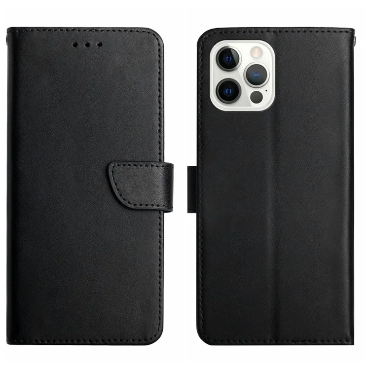 HT02 For iPhone 16 Pro Case Genuine Cow Leather Phone Cover Nappa Grain - Schwarz