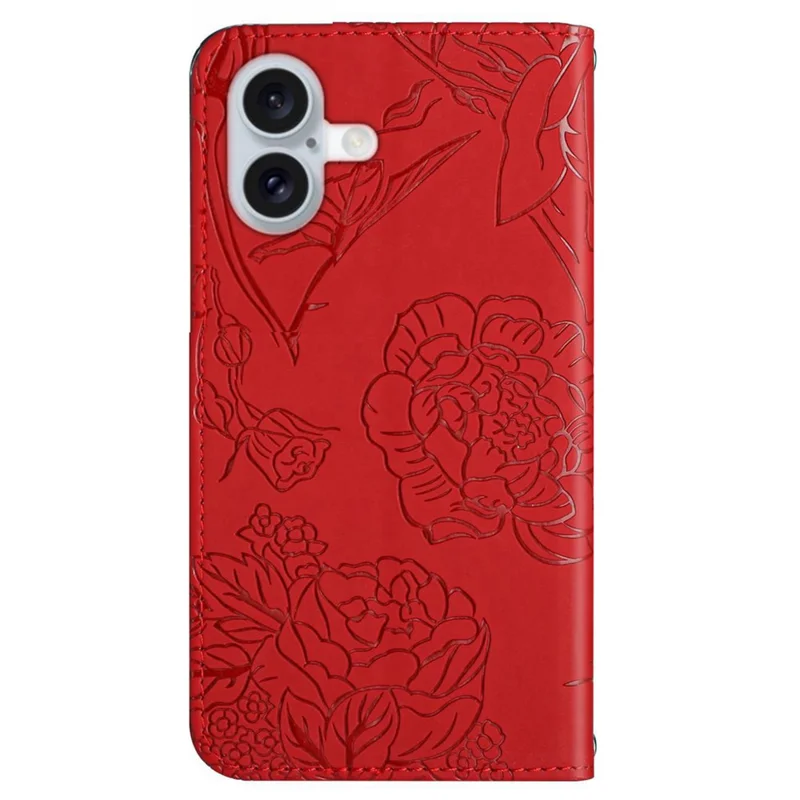 HT03 For iPhone 16 Plus Case Butterfly Flowers Leather Flip Phone Cover Crossbody String - Red