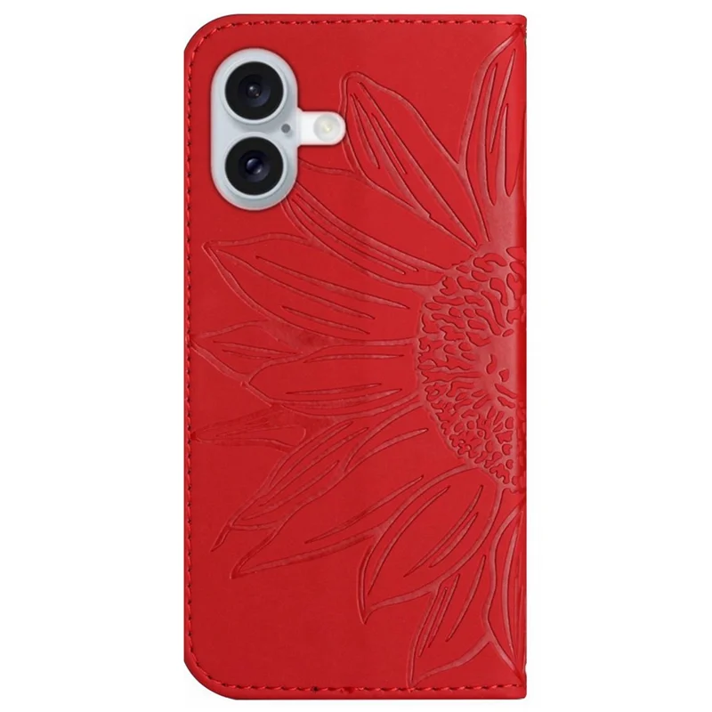 HT04 For iPhone 16 Plus Case with Shoulder Strap Leather Phone Cover Sunflower Pattern - Red