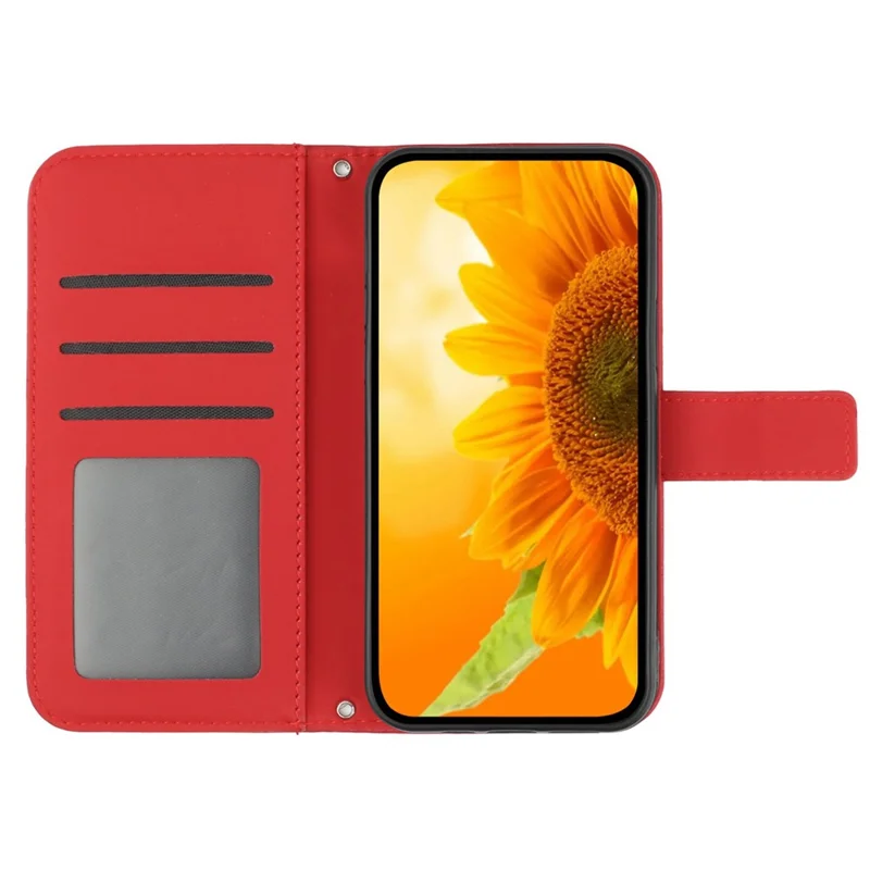 HT04 For iPhone 16 Plus Case with Shoulder Strap Leather Phone Cover Sunflower Pattern - Red