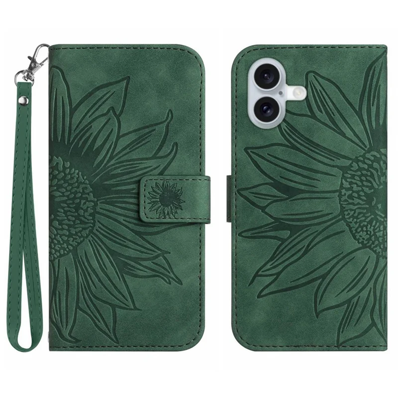 HT04 Para iPhone 16 Plus Carteira Case Sunflower Leather Flip Phone Cover com Alça de Mão - Verde Escuro