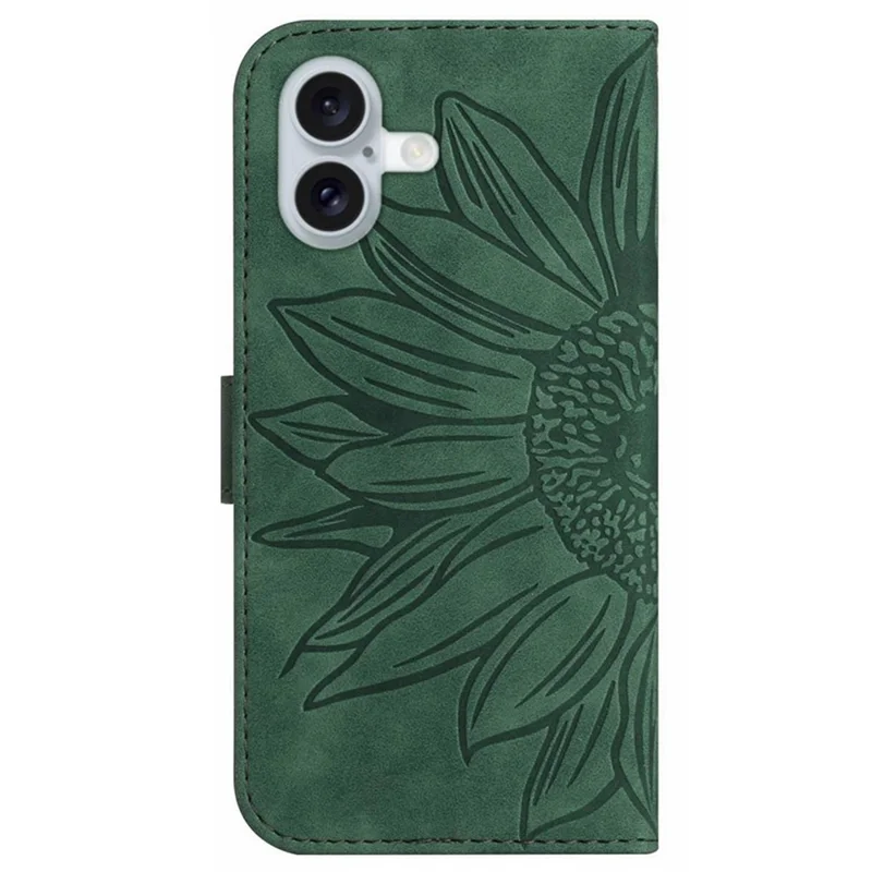 HT04 Para iPhone 16 Plus Carteira Case Sunflower Leather Flip Phone Cover com Alça de Mão - Verde Escuro