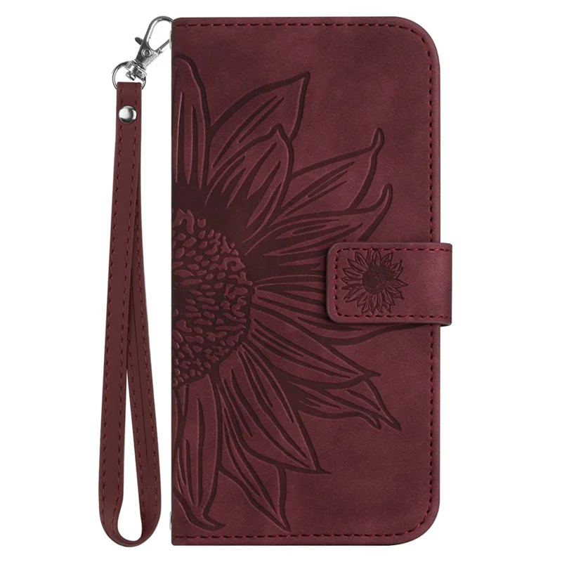 HT04 For iPhone 16 Plus Wallet Case Sunflower Leather Flip Phone Cover with Hand Strap - Wine Red