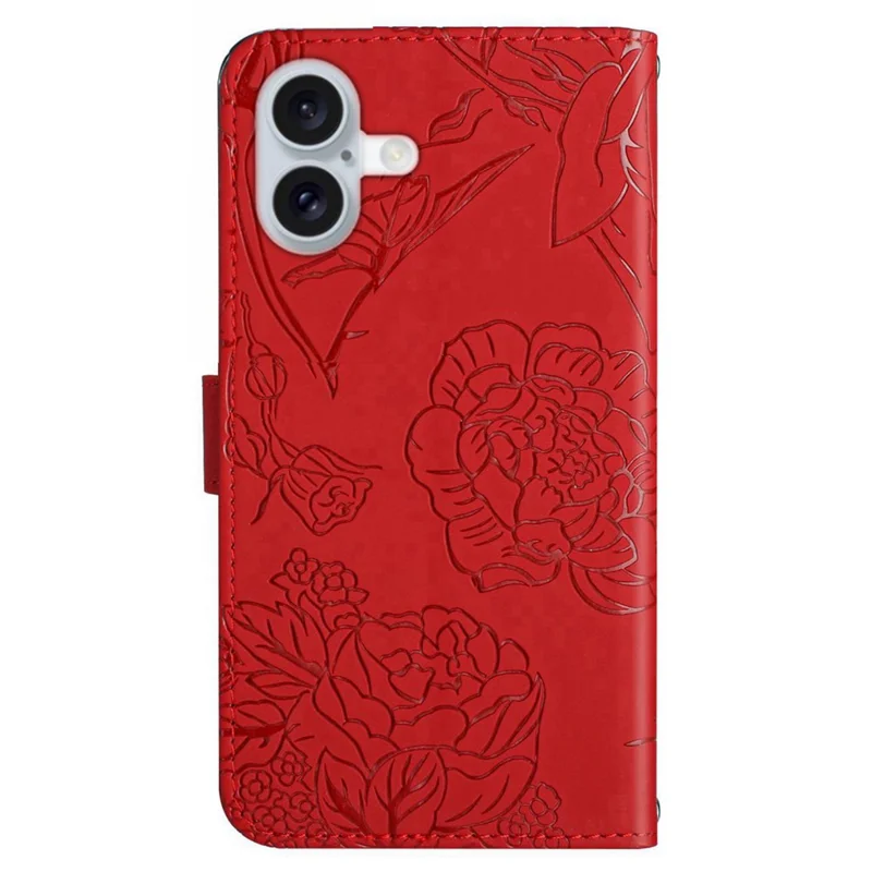 HT03 For iPhone 16 Plus Case Butterfly Flower Imprint Shockproof Leather Phone Cover - Red
