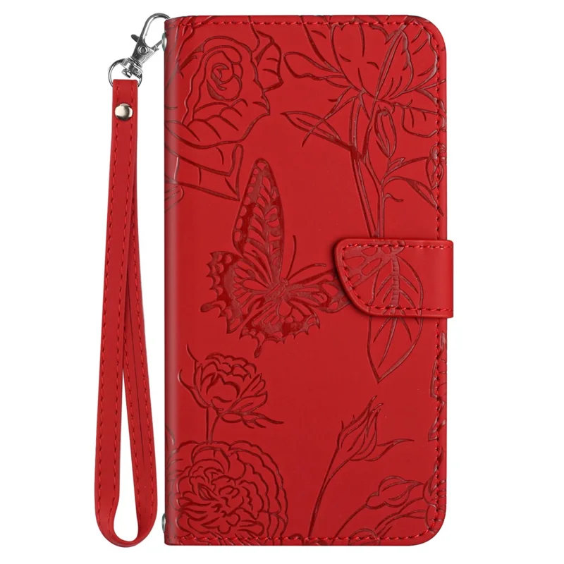 HT03 For iPhone 16 Plus Case Butterfly Flower Imprint Shockproof Leather Phone Cover - Red