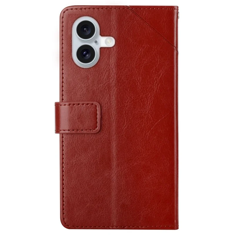 Fodral för iPhone 16 Plus med handledsband Y-formade linjer i läder – Brun