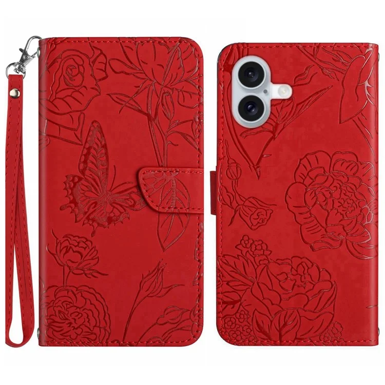 HT03 For iPhone 16 Stand Case PU Leather Phone Cover Butterfly Flower Imprinted - Red