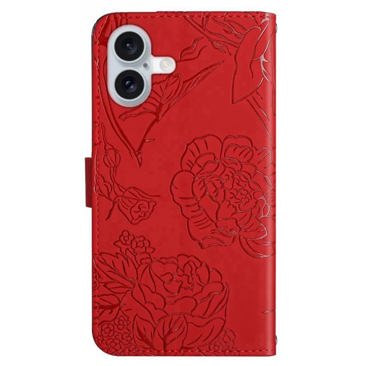 HT03 For iPhone 16 Stand Case PU Leather Phone Cover Butterfly Flower Imprinted - Red