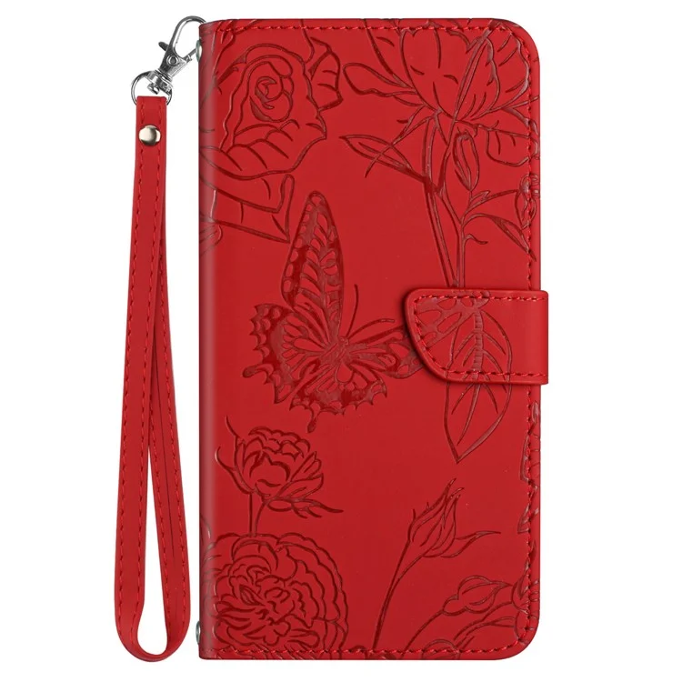 HT03 For iPhone 16 Stand Case PU Leather Phone Cover Butterfly Flower Imprinted - Red