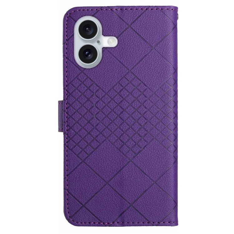 HT06 For iPhone 16 Case Leather Wallet Phone Cover Litchi Texture Rhombus Pattern - Dark Purple