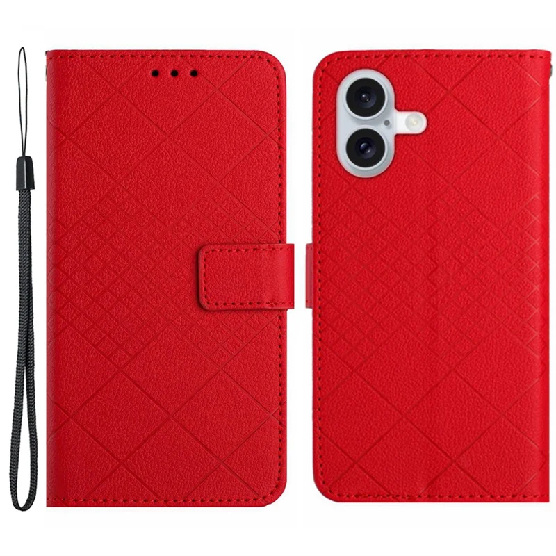 HT06 For iPhone 16 Case Leather Wallet Phone Cover Litchi Texture Rhombus Pattern - Red