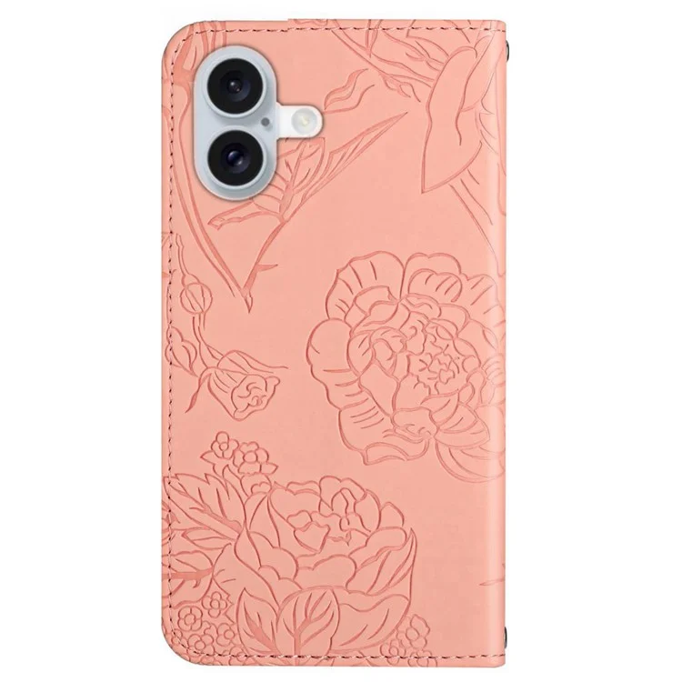 HT03 For iPhone 16 Case Butterfly Flowers Leather Crossbody Phone Cover Skin-Touch - Pink