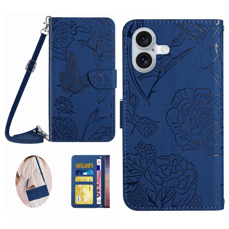 HT03 For iPhone 16 Case Butterfly Flowers Leather Crossbody Phone Cover Skin-Touch - Blue