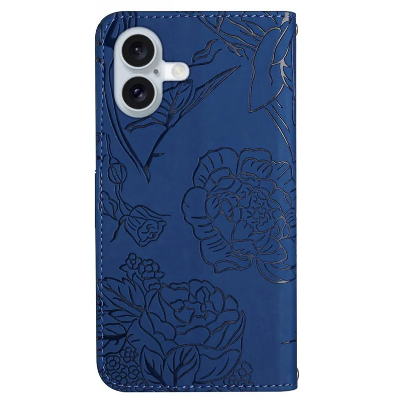 HT03 For iPhone 16 Case Butterfly Flowers Leather Crossbody Phone Cover Skin-Touch - Blue