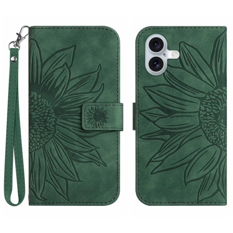 HT04 Für iPhone 16 Case Sonnenblumen-Prägung Leder-Geldbörsen-Handyhülle mit Handschlaufe - Dunkelgrün