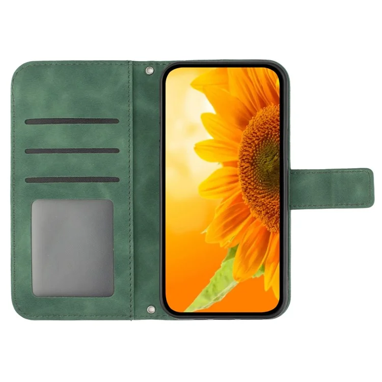 HT04 Für iPhone 16 Case Sonnenblumen-Prägung Leder-Geldbörsen-Handyhülle mit Handschlaufe - Dunkelgrün