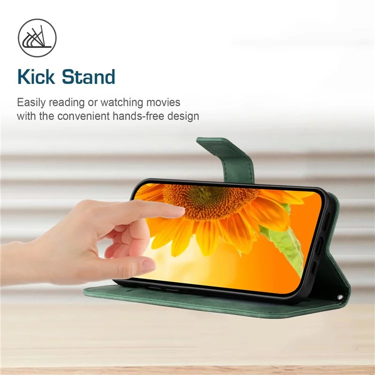 HT04 Für iPhone 16 Case Sonnenblumen-Prägung Leder-Geldbörsen-Handyhülle mit Handschlaufe - Dunkelgrün