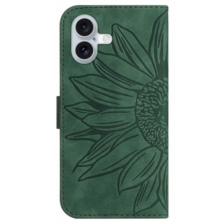 HT04 Für iPhone 16 Case Sonnenblumen-Prägung Leder-Geldbörsen-Handyhülle mit Handschlaufe - Dunkelgrün
