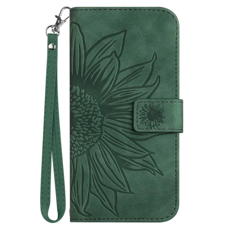 HT04 Für iPhone 16 Case Sonnenblumen-Prägung Leder-Geldbörsen-Handyhülle mit Handschlaufe - Dunkelgrün
