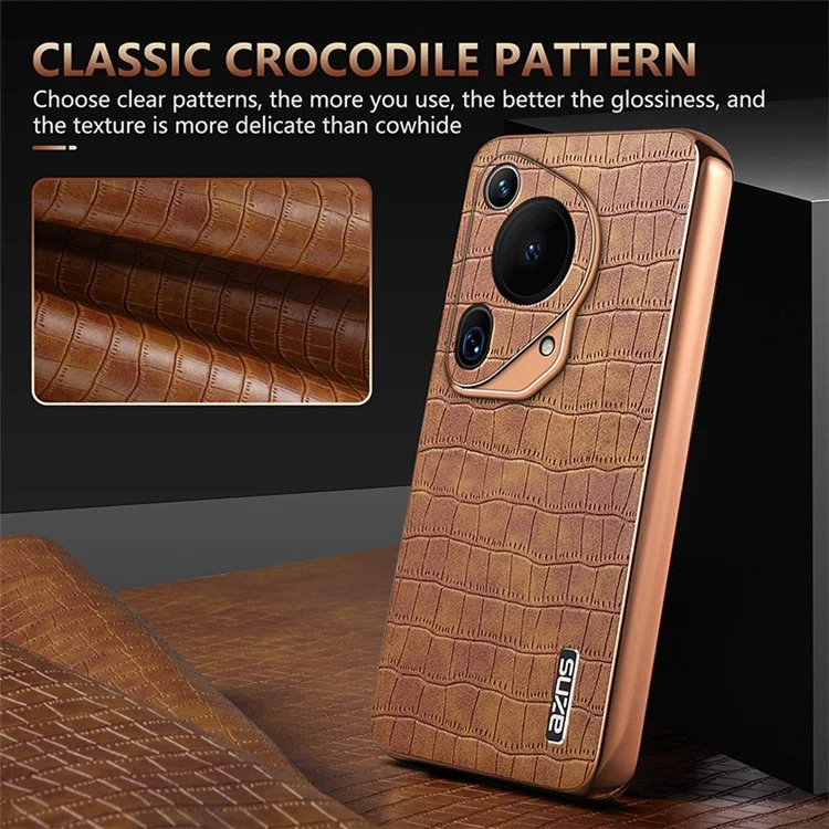 AZNS Pour Huawei Pura 70 Ultra Case Étui en Cuir Électroplaqué Housse de Téléphone Motif Crocodile Texturé - Noir