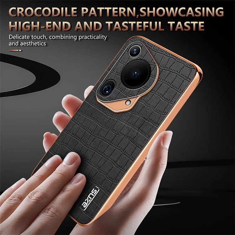 AZNS Pour Huawei Pura 70 Ultra Case Étui en Cuir Électroplaqué Housse de Téléphone Motif Crocodile Texturé - Noir