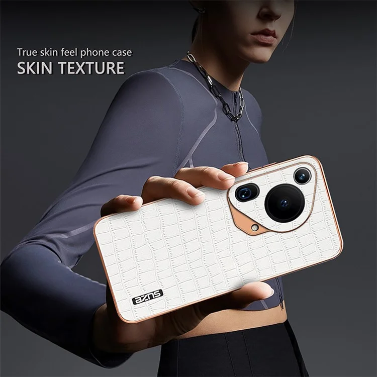 AZNS Pour Huawei Pura 70 Ultra Case Étui en Cuir Électroplaqué Housse de Téléphone Motif Crocodile Texturé - Noir