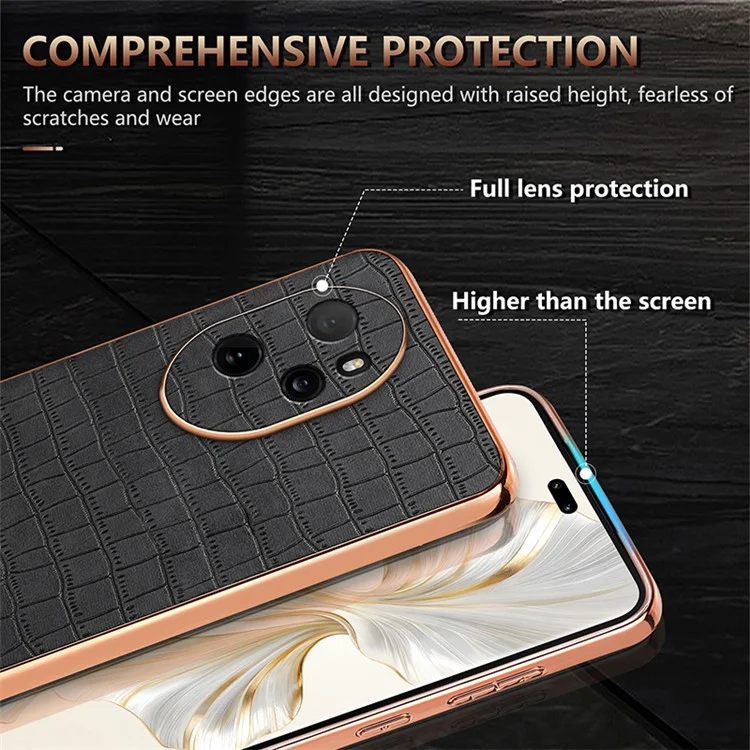 AZNS For Honor 100 Pro 5G Case Crocodile Texture Leather Covered TPU Phone Cases - Preto