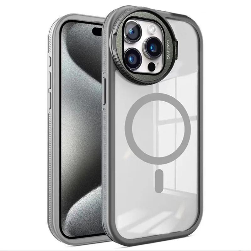 For iPhone 15 Pro Case Compatible with MagSafe Anti-Drop Cell Phone Cover with Lens Cover Kickstand - Grey