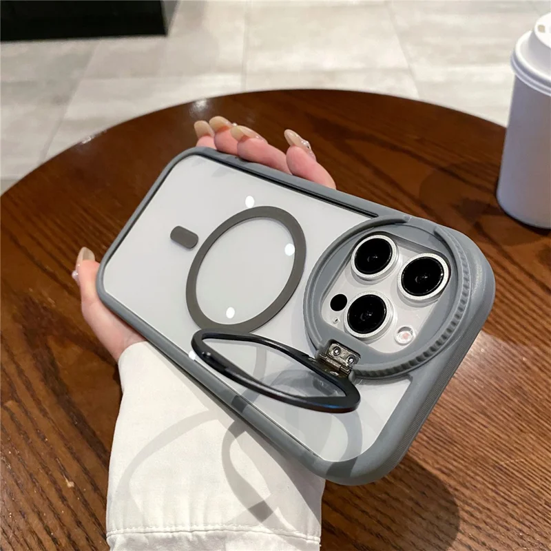 For iPhone 15 Pro Case Compatible with MagSafe Anti-Drop Cell Phone Cover with Lens Cover Kickstand - Grey