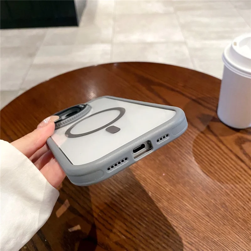 For iPhone 15 Pro Case Compatible with MagSafe Anti-Drop Cell Phone Cover with Lens Cover Kickstand - Grey