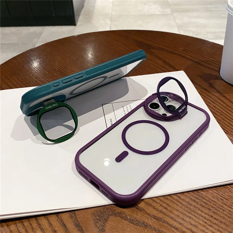 For iPhone 15 Pro Case Compatible with MagSafe Anti-Drop Cell Phone Cover with Lens Cover Kickstand - Grey