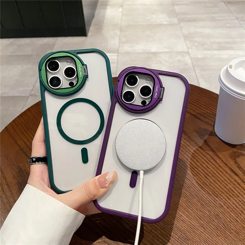 For iPhone 15 Pro Case Compatible with MagSafe Anti-Drop Cell Phone Cover with Lens Cover Kickstand - Grey