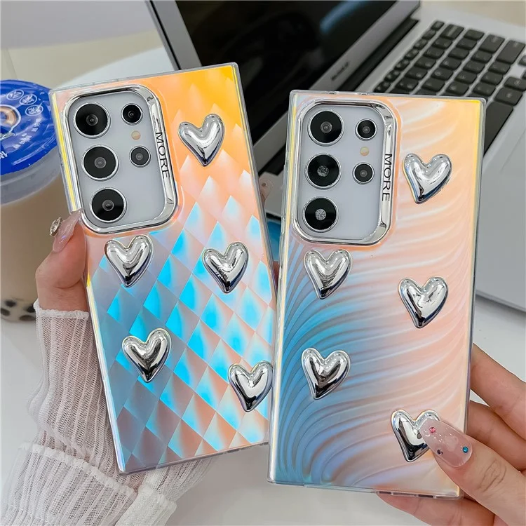 Pour Samsung Galaxy S24 Ultra IMD Étui de téléphone Electroplating PC+TPU Cover avec décoration en forme de cœur - AK5