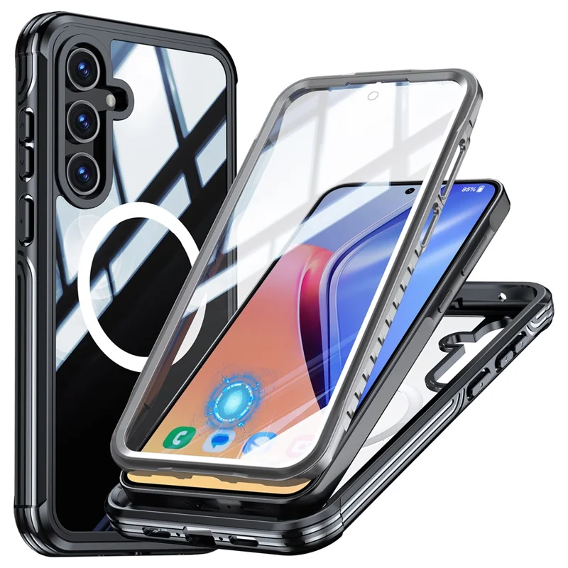 For Samsung Galaxy A55 5G Magnetic Case with Tempered Glass Film PC + TPU Full Protection Cover - Black