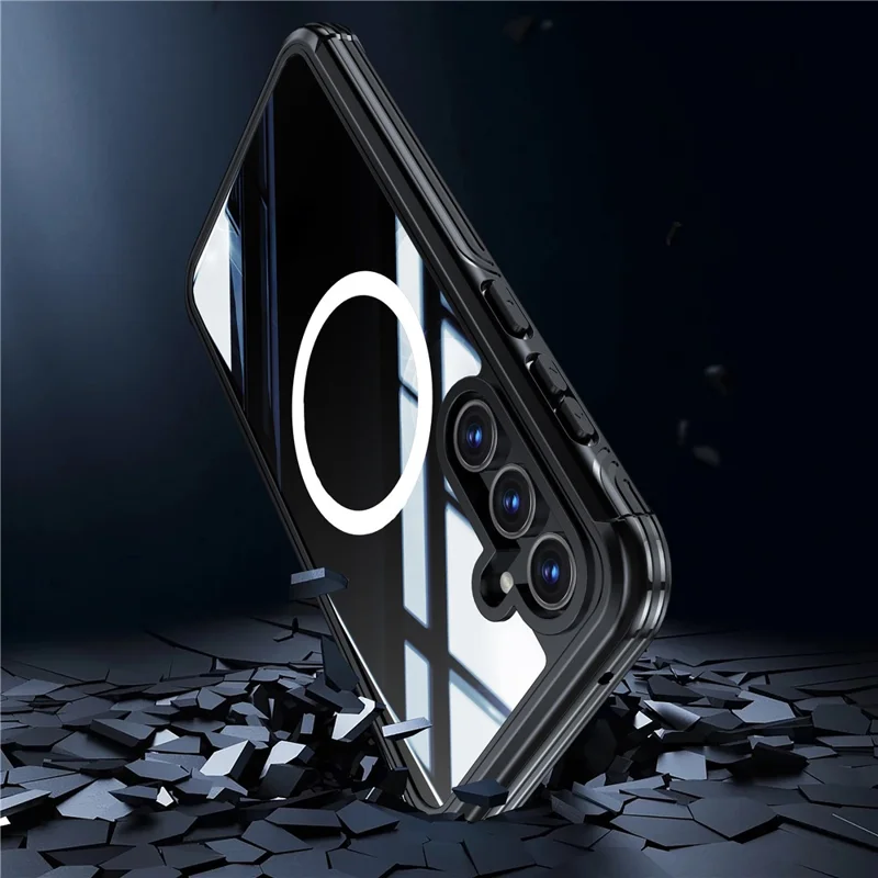 For Samsung Galaxy A55 5G Magnetic Case with Tempered Glass Film PC + TPU Full Protection Cover - Black