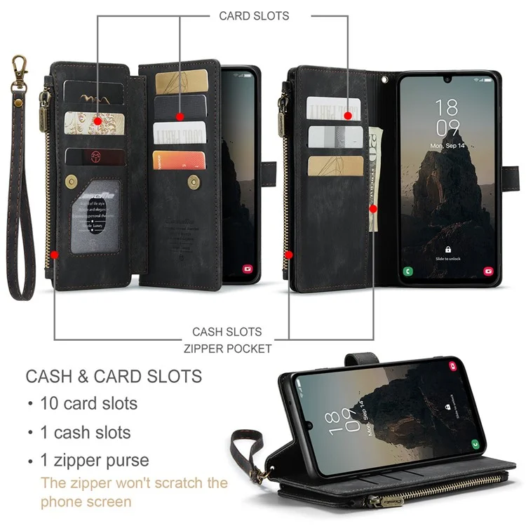 CASEME C30 Series para Samsung Galaxy A25 5G (Global) (161,0 X 76,5 X 8,3 mm) Capa Protetora de Couro de Telefone - Preto