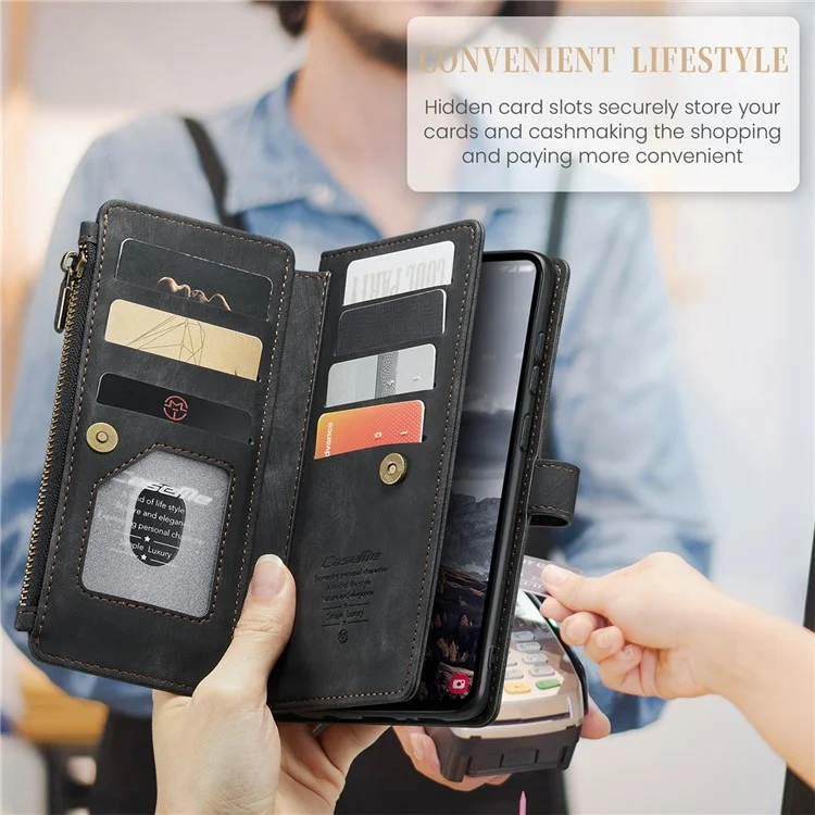 CASEME C30 Série pour Samsung Galaxy A35 5G Étui Étui en cuir avec 10 porte-cartes Poche Zip - Noir