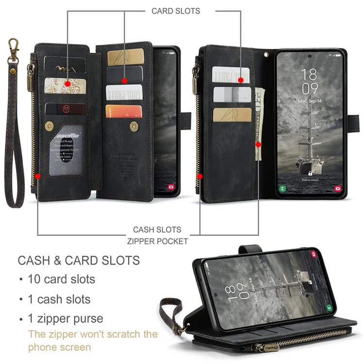 CASEME C30 Série pour Samsung Galaxy A35 5G Étui Étui en cuir avec 10 porte-cartes Poche Zip - Noir