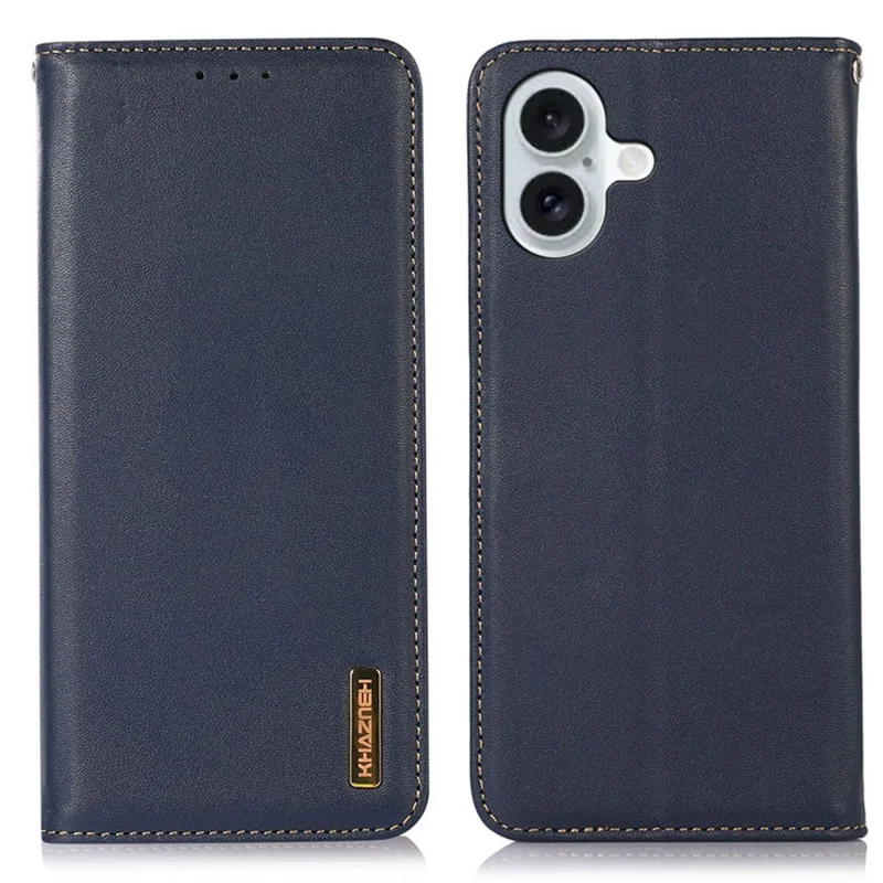 KHAZNEH для iPhone 16 Case RFID блокирующий подлинный кожаный кошелек Flip Folio Phone Cover - Blue