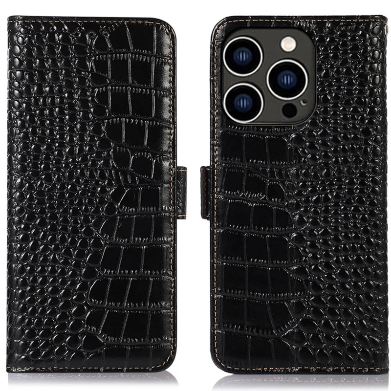 For iPhone 16 Pro Stand Case RFID Blocking Genuine Cow Leather Wallet Phone Cover - Black