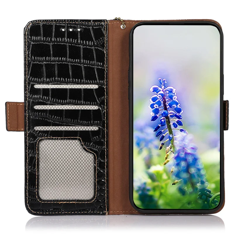 For iPhone 16 Pro Stand Case RFID Blocking Genuine Cow Leather Wallet Phone Cover - Black