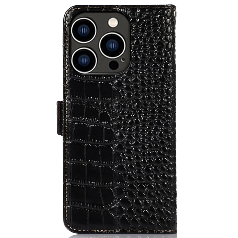 For iPhone 16 Pro Stand Case RFID Blocking Genuine Cow Leather Wallet Phone Cover - Black