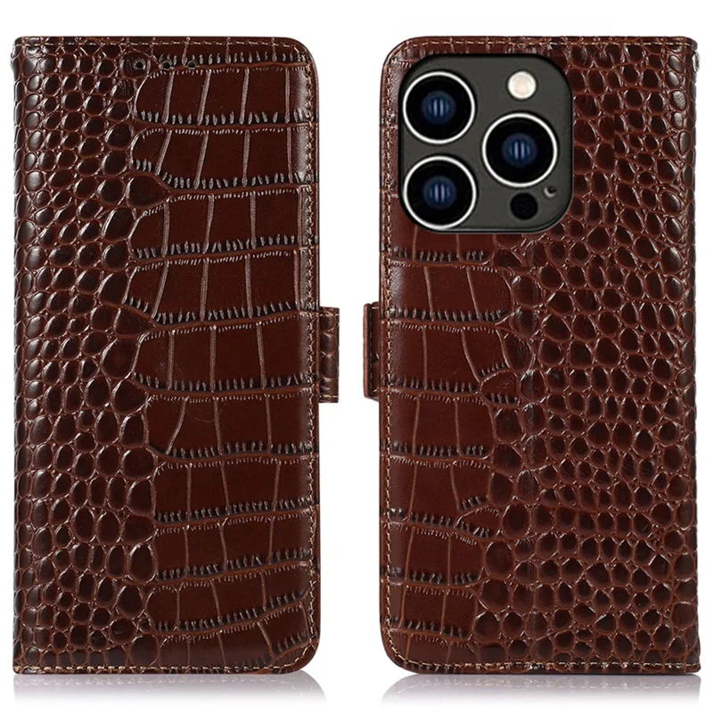 For iPhone 16 Pro Max RFID Blocking Case Genuine Cow Leather Wallet Phone Cover with Stand - Brown